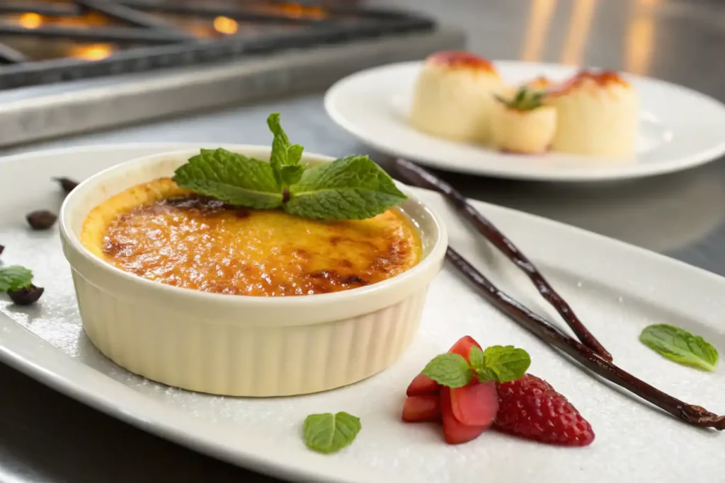 Caramelized crème brûlée with golden sugar topping