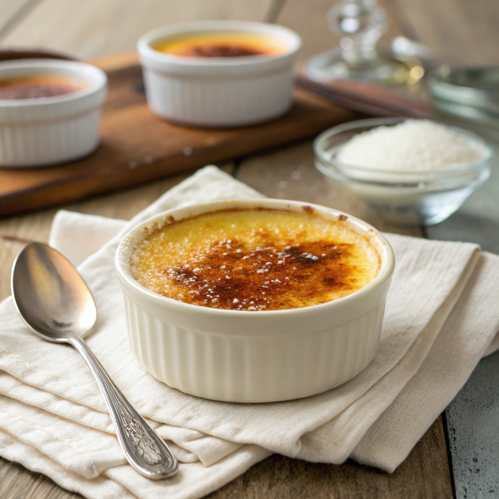 Créme brûlée with caramelized sugar top served in a ramekin