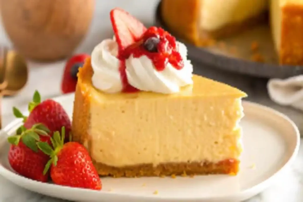 A rich slice of New York cheesecake served on a plate, illustrating what are the three types of cheesecake?