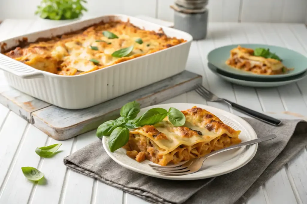 A casserole dish of ravioli lasagna with melted cheese on top