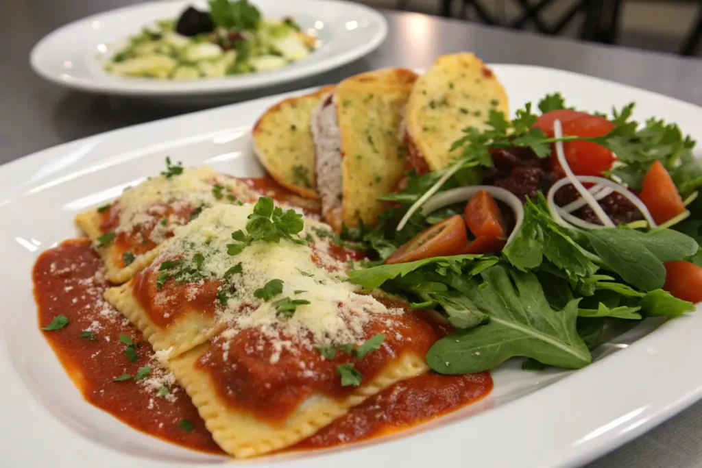 Baked ravioli served with salad