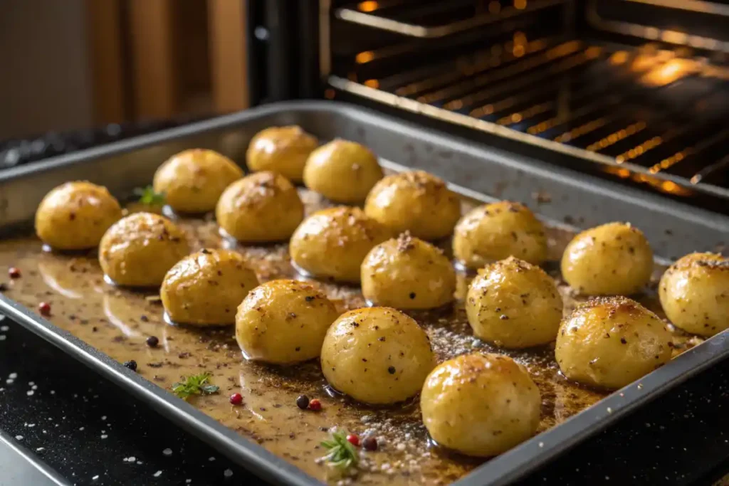 Small potatoes arranged on a baking tray – Do smaller potatoes take less time to bake?