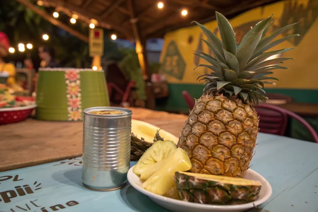 A bowl of canned pineapple chunks next to a fresh pineapple, illustrating can canned pineapple be used instead of fresh?