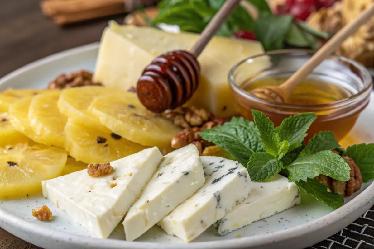 A bright, tropical cheese board featuring pineapple chunks paired with various cheeses.