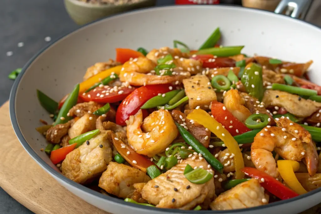 A skillet of cooked chicken and shrimp with herbs, illustrating Can I mix chicken and shrimp together?