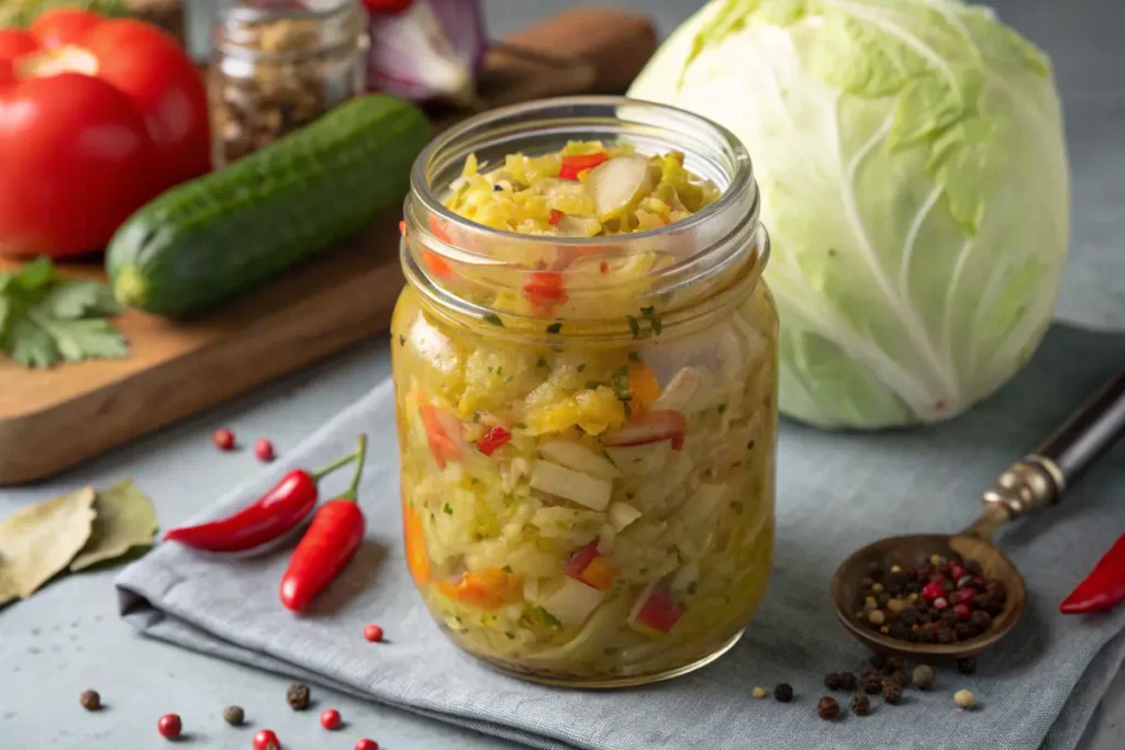 A jar of vibrant chow chow relish