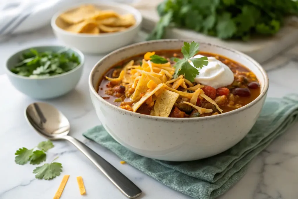 Traditional taco soup frios in bowl