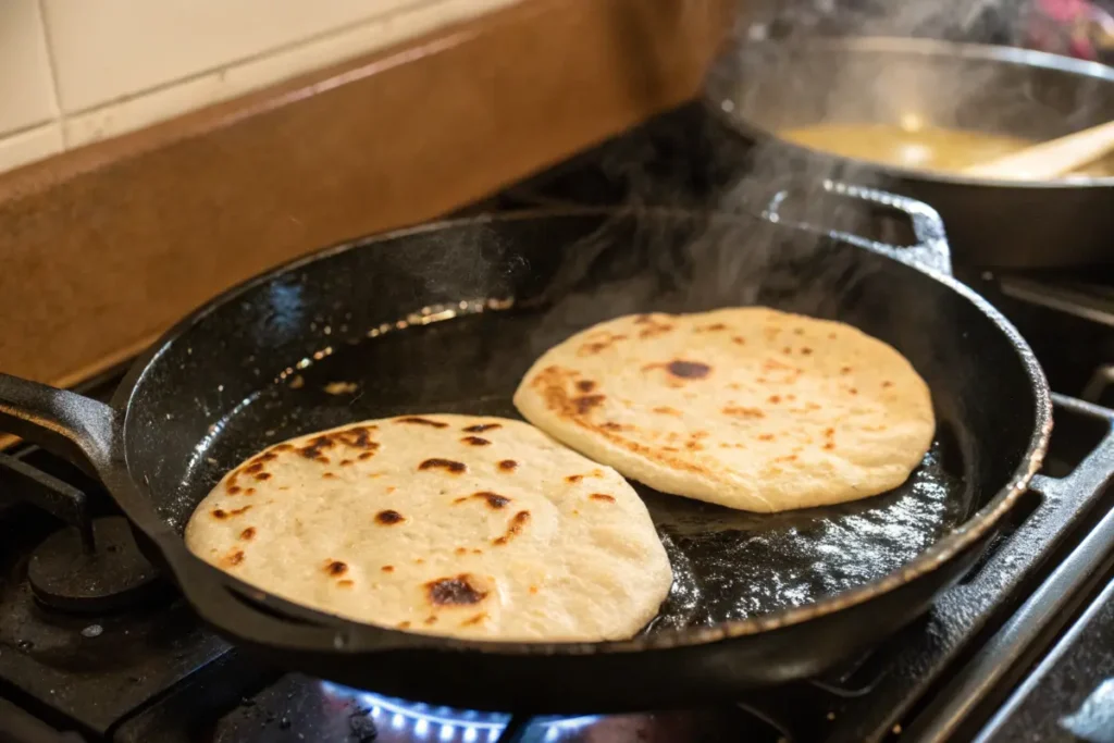 Flatbread cooking on a cast iron skillet