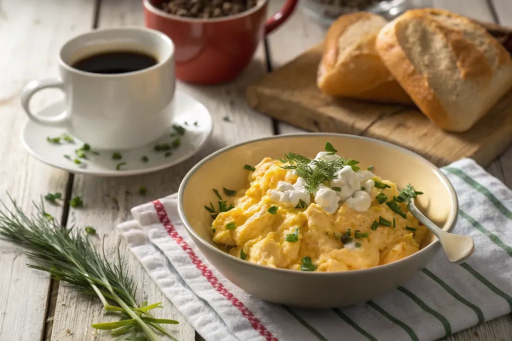 Creamy scrambled eggs made with cottage cheese