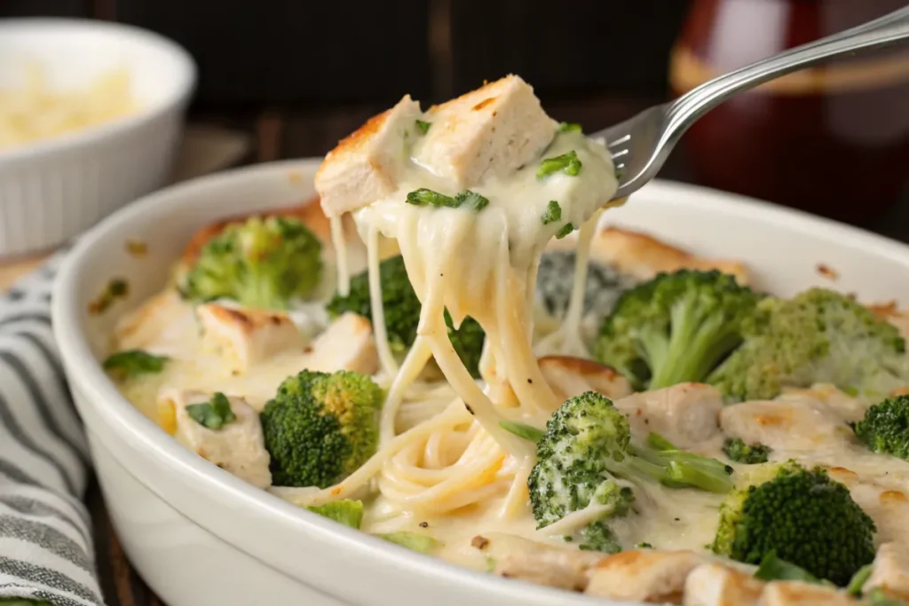 Delicious chicken broccoli alfredo bake in a baking dish.