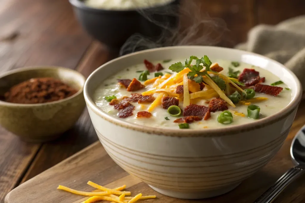 A steaming bowl of Chili’s baked potato soup topped with crispy bacon, melted cheese, and fresh chives.