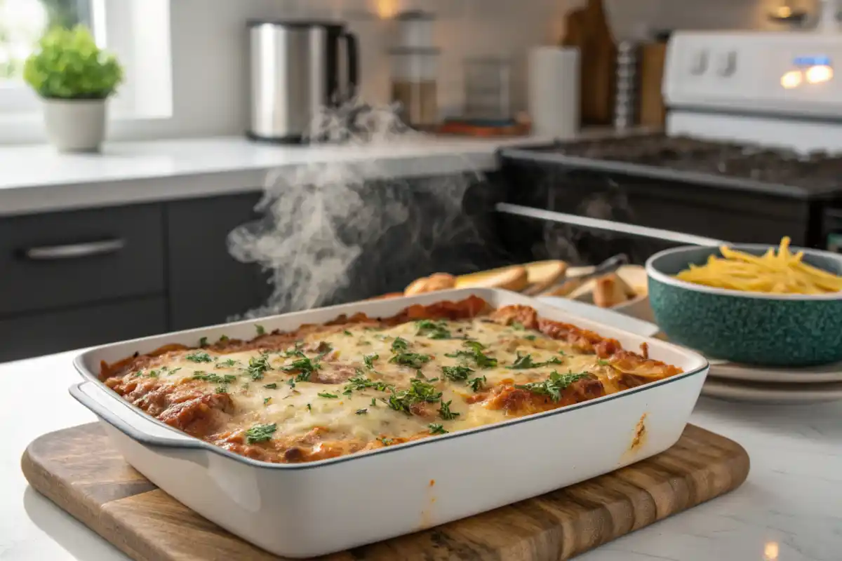 Cheesy million dollar ravioli casserole topped with golden melted cheese