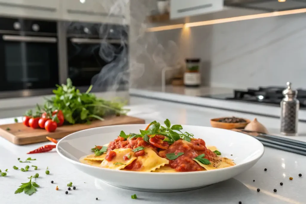 Plate of ravioli served with homemade ravioli sauce and fresh herbs.