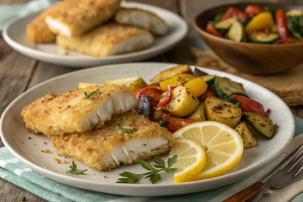 Prepared trader joes fish recipe served with roasted vegetables.