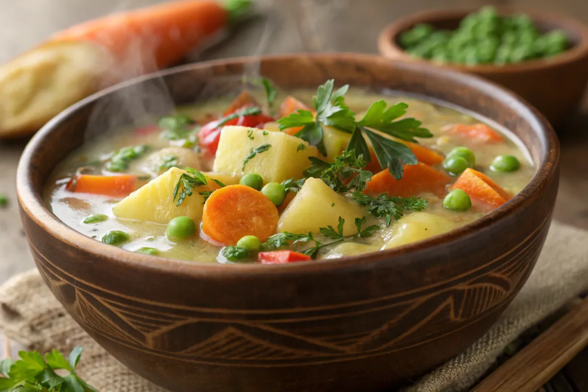 Vegan baked potato soup in a bowl with fresh toppings