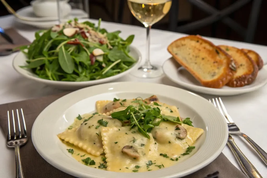 Ravioli plated with salad and garlic bread