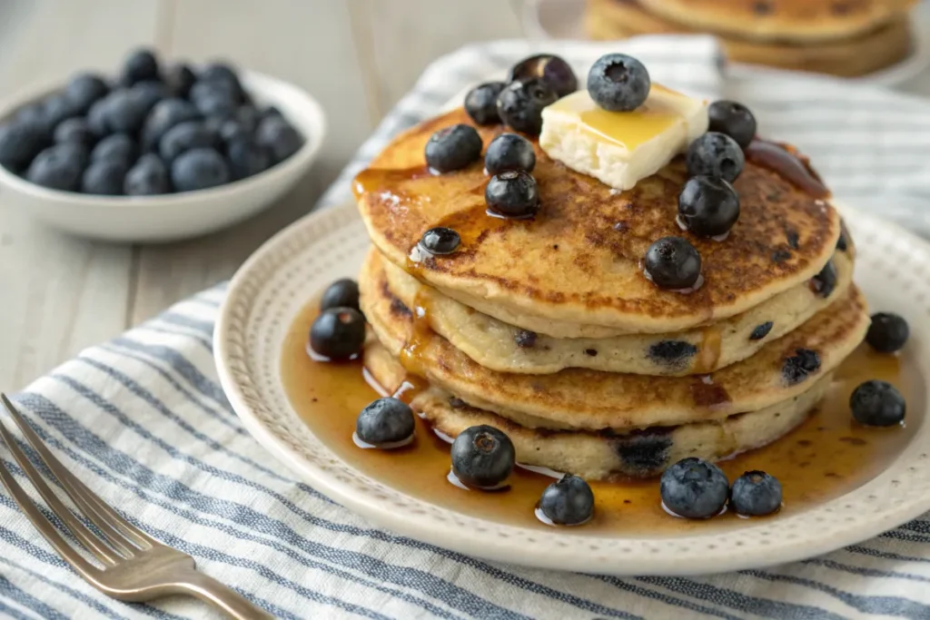 Stack of sourdough pancakes with fresh berries and syrup.