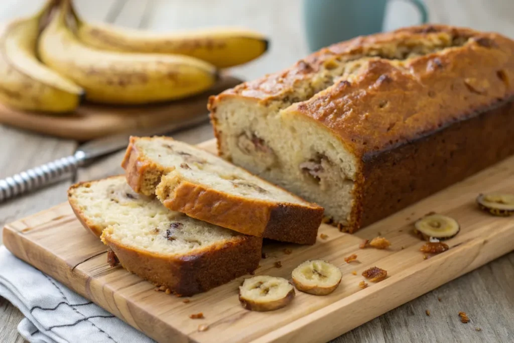 A freshly sliced loaf of cottage cheese banana bread on a wooden cutting board.