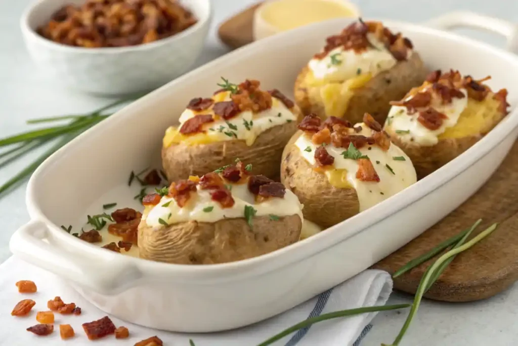 Crispy mini baked potatoes served on a tray with fresh herbs