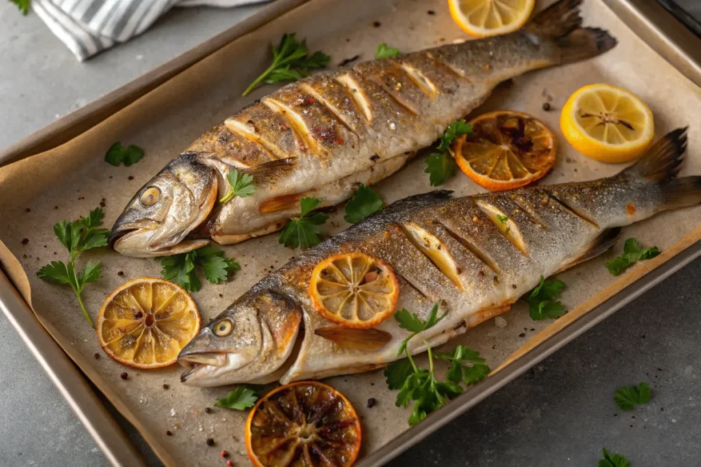 Whole grilled branzino with lemon and herbs on a plate