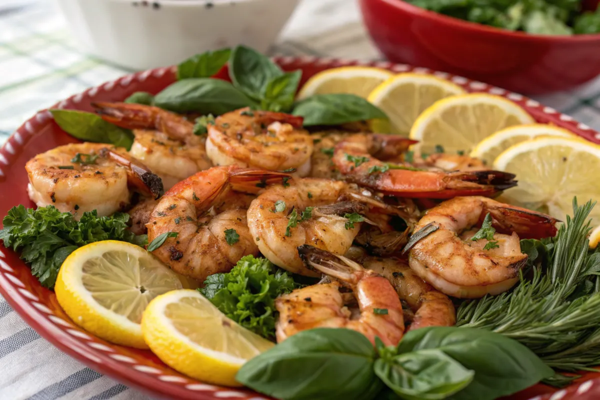 A vibrant platter of grilled shrimp recipes served with fresh herbs and lemon slices