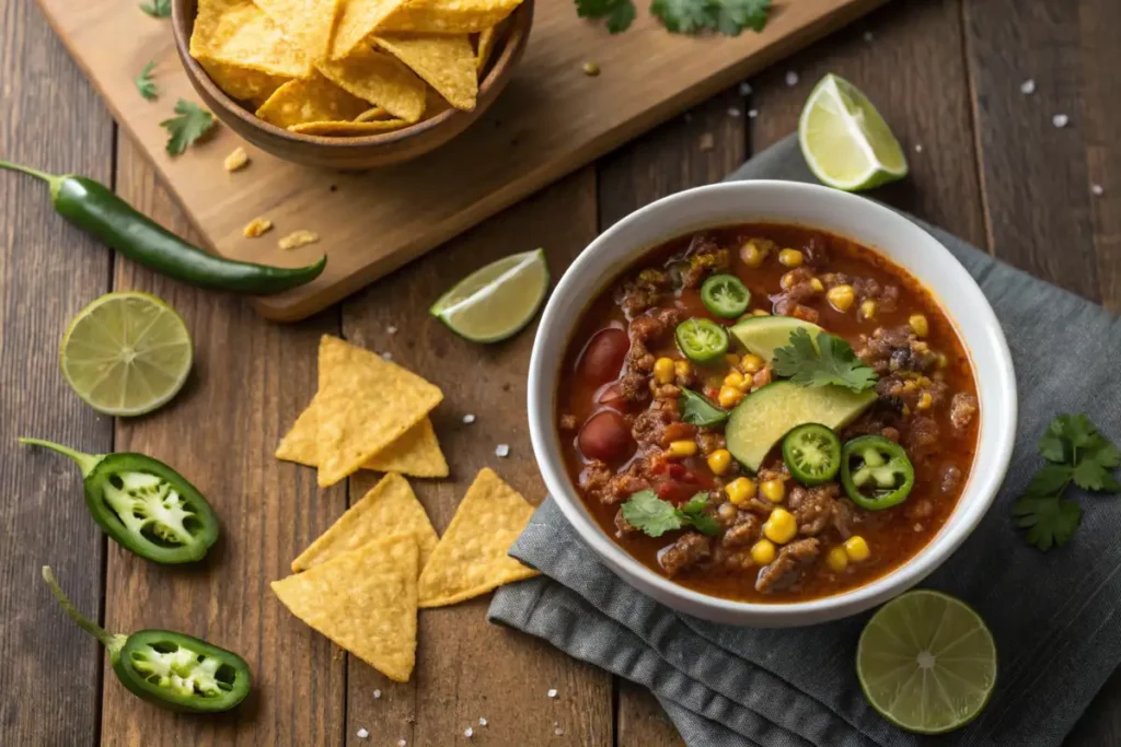 A steaming bowl of traditional taco soup frios recipe garnished with cheese and fresh cilantro.