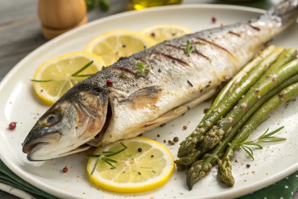 Grilled branzino with charred skin