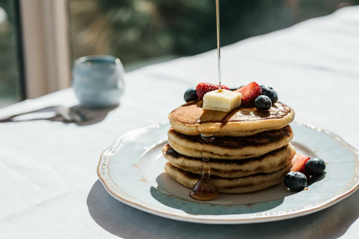 Queen Elizabeth pancakes served with fresh berries and syrup.