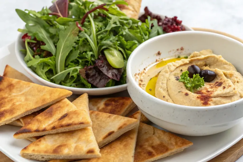 Flatbread served with dips and salads