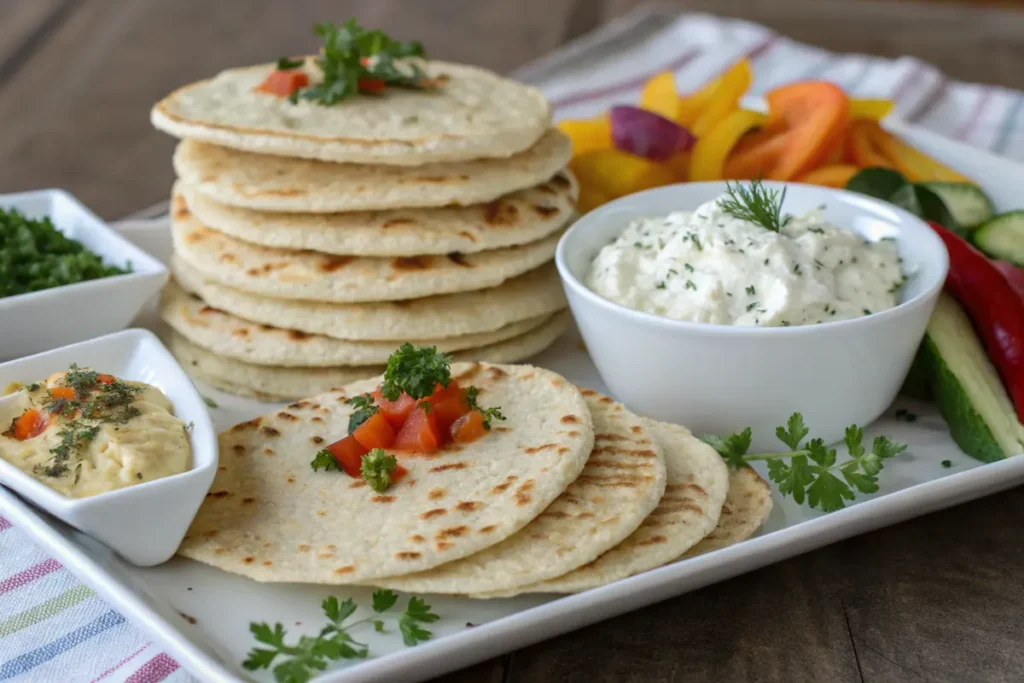 Freshly cooked flatbread with dips and toppings