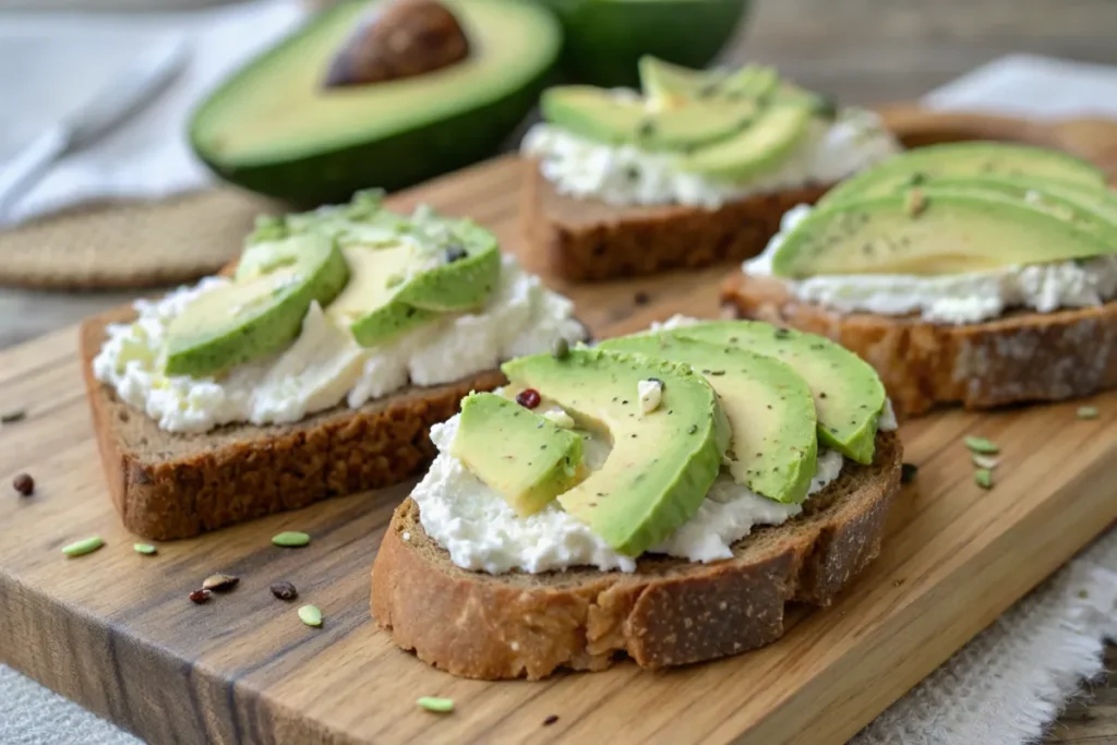 Freshly sliced avocado cottage cheese bread on a wooden board.