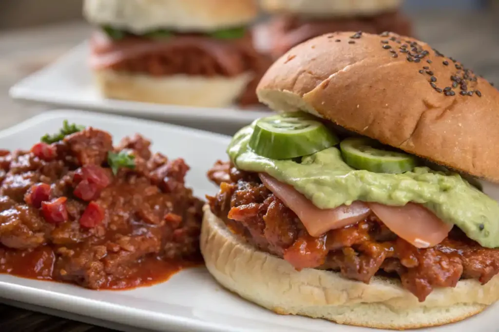 A close-up of a Sloppy Jane sandwich showing a lean turkey filling and sauce, emphasizing What’s the difference between sloppy joes and Sloppy Jane?