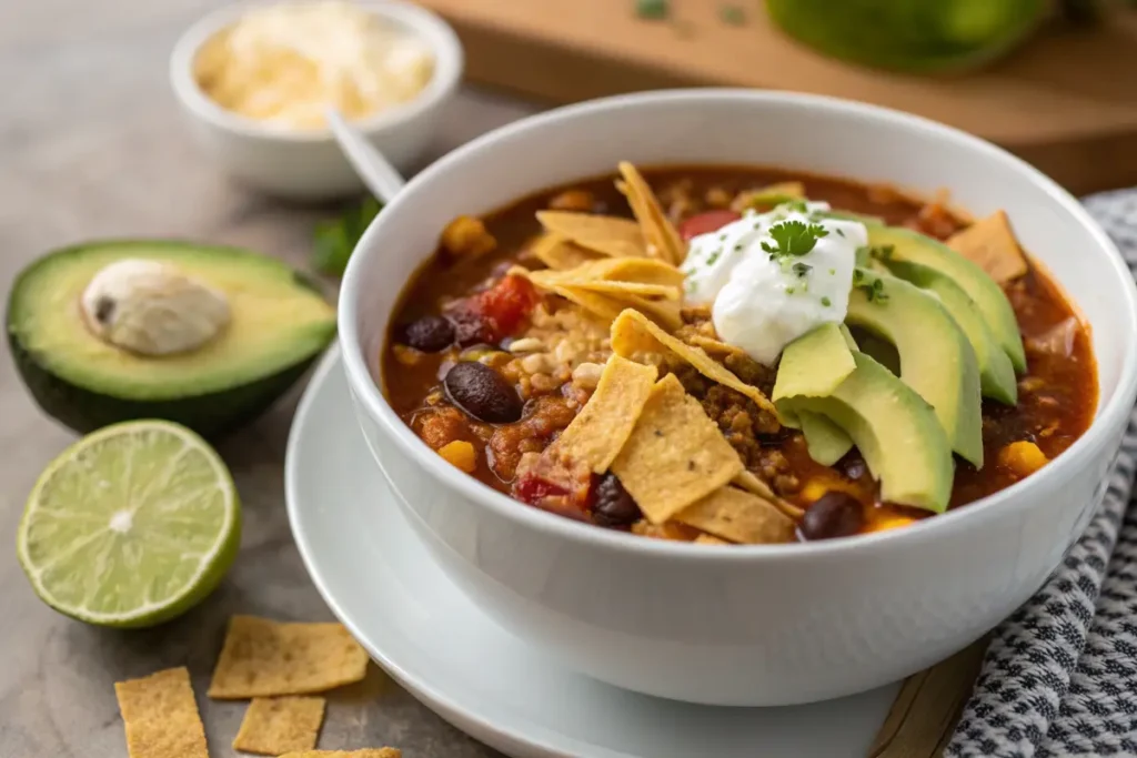 Plated taco soup frios with toppings