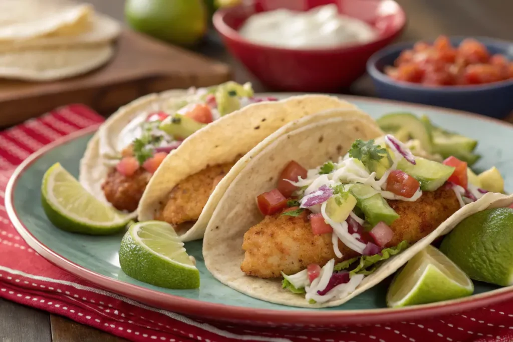 Trader Joe’s fish tacos with toppings