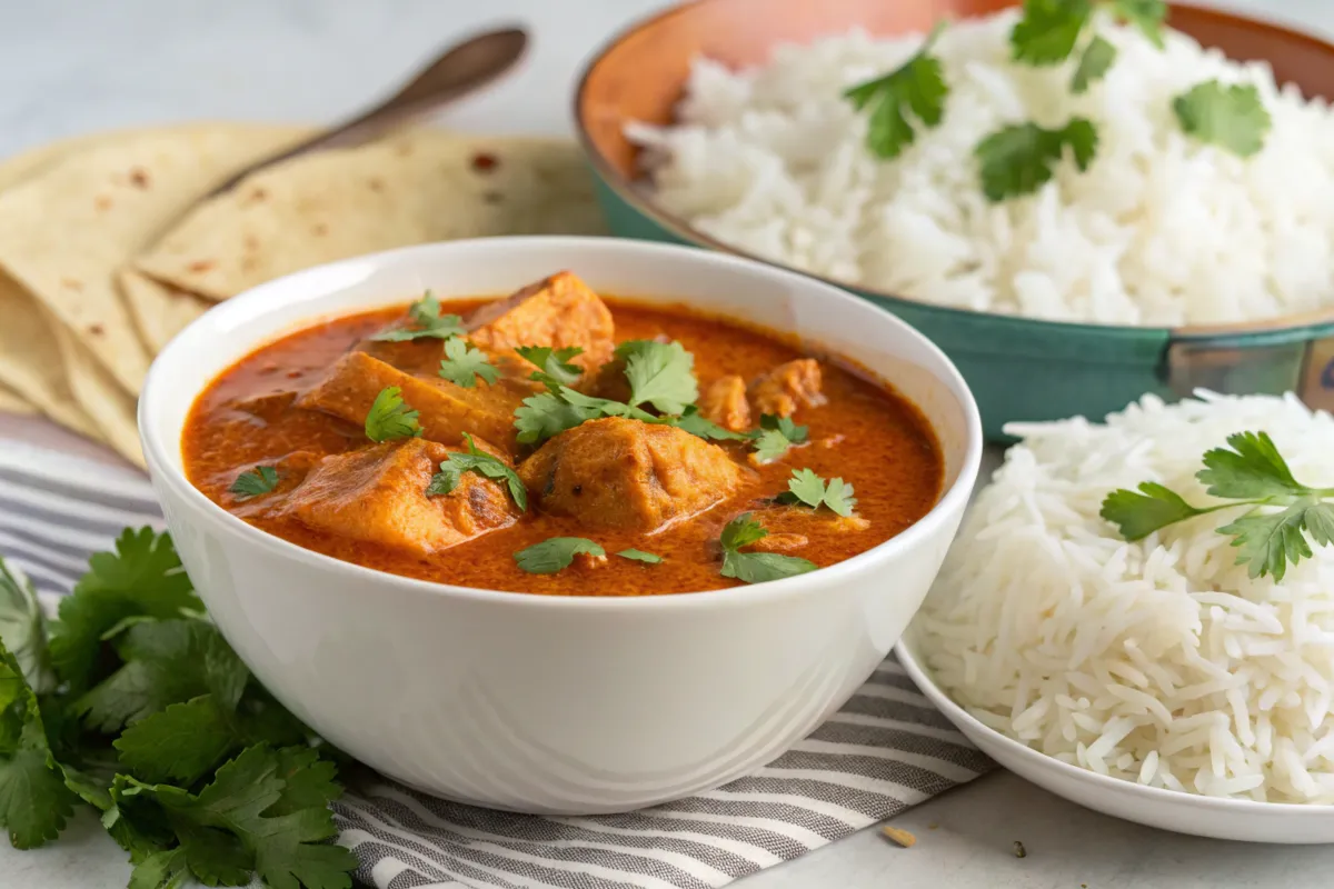 Delicious chicken curry served with rice.