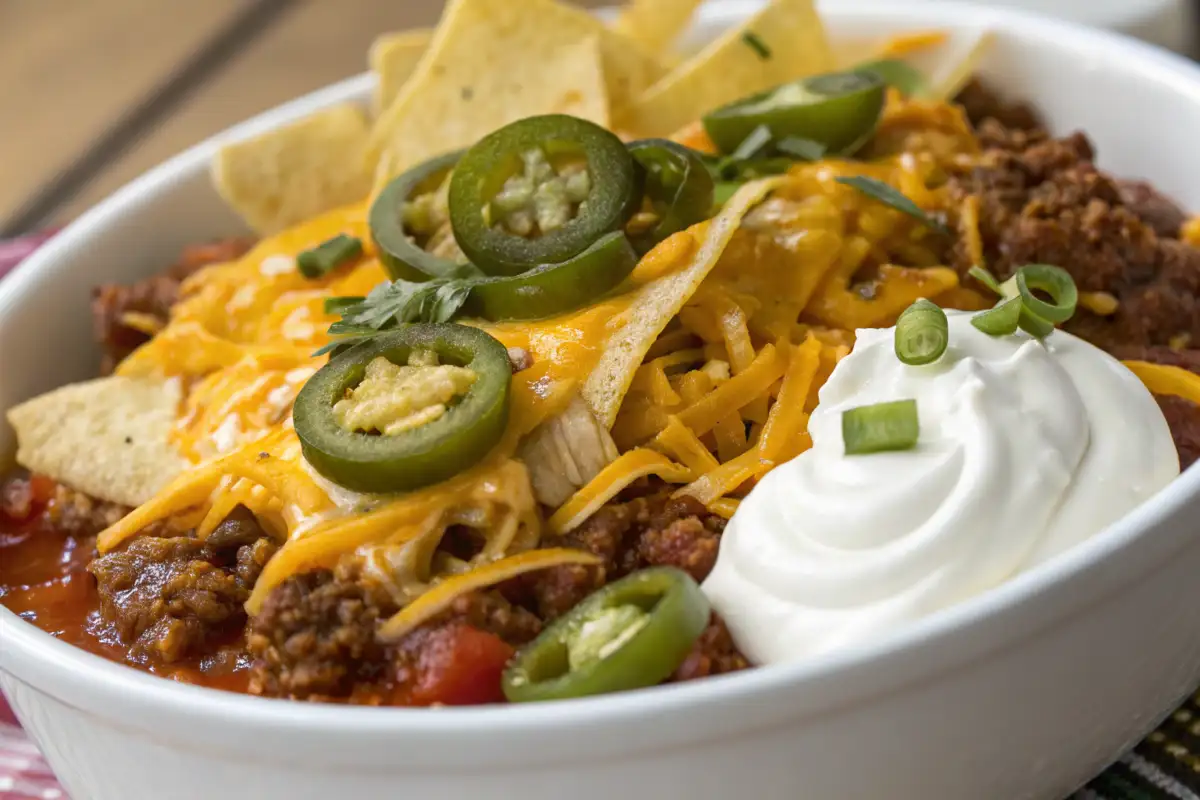 A steaming bowl of taco soup frios recipe with colorful toppings