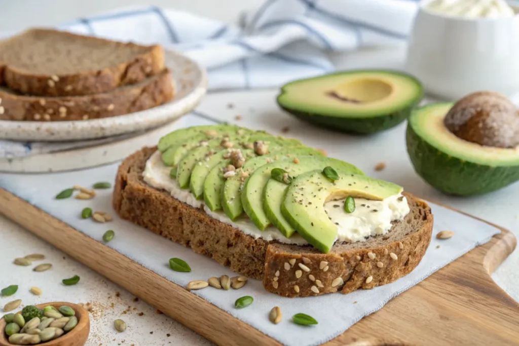 Whole grain bread with sliced avocado on top, illustrating what is the healthiest bread to eat with avocado.