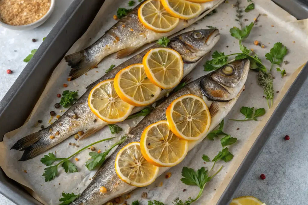 Branzino fillet with crispy skin served on a white plate