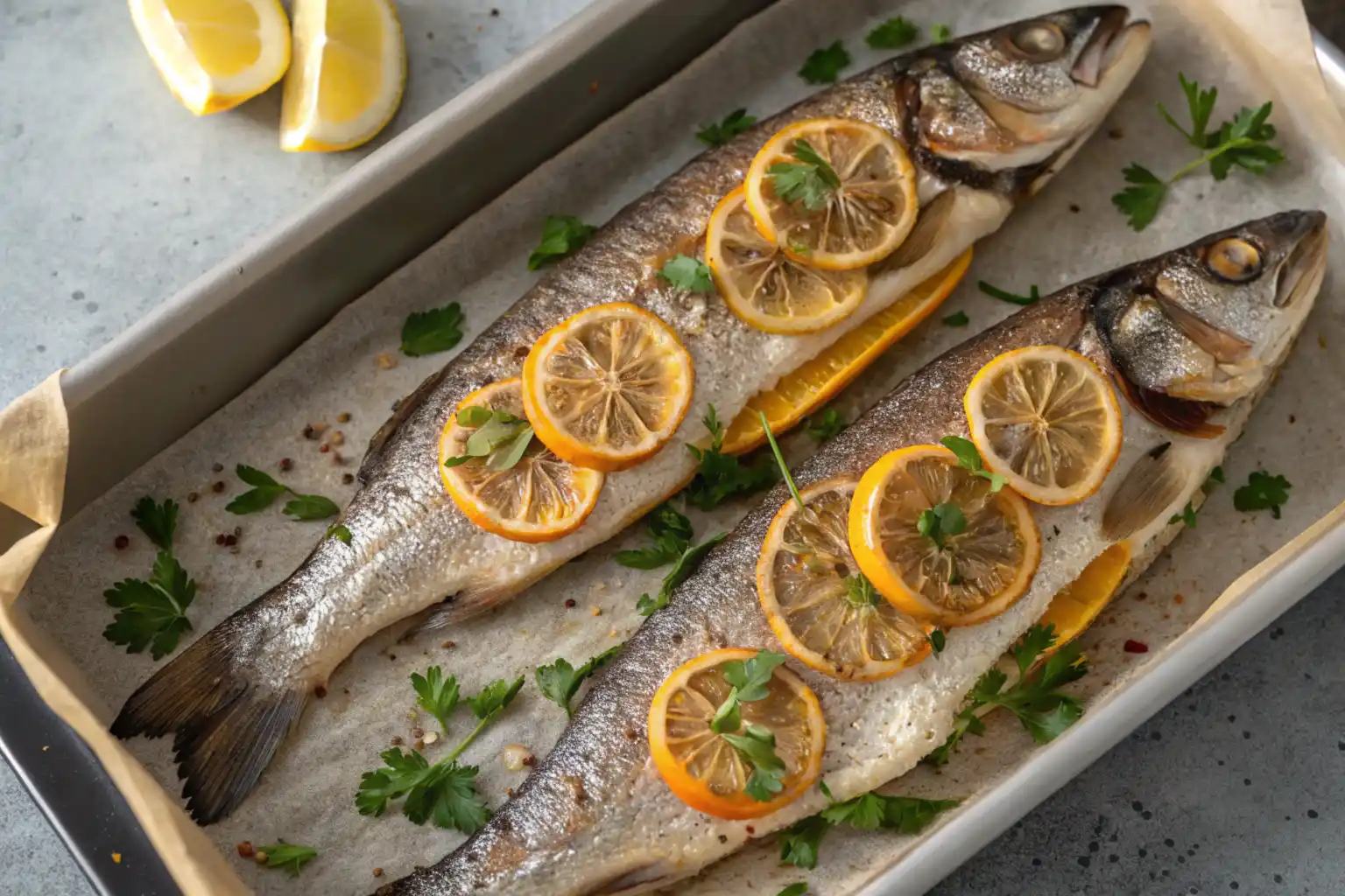 Baked branzino garnished with lemon slices and herbs