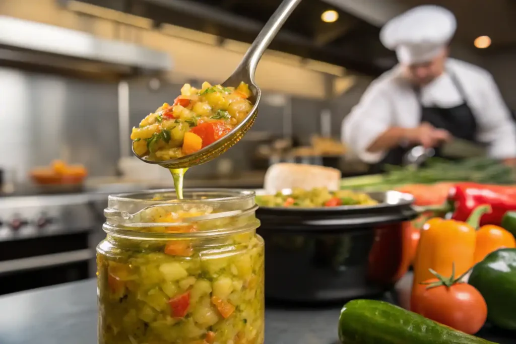 Chow chow relish made with cabbage, bell peppers, and green tomatoes in a jar.