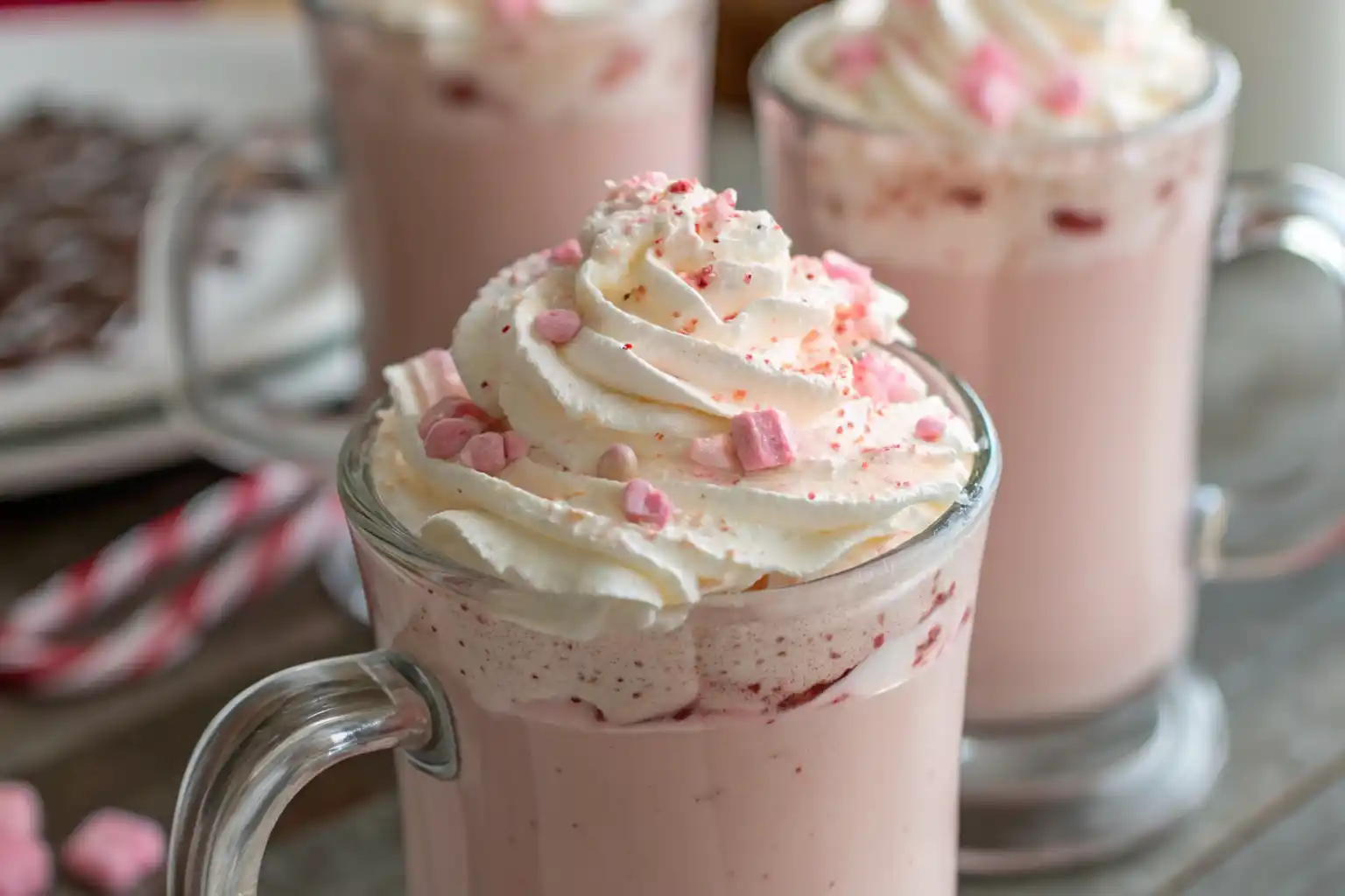 Glass of pink chocolate milk with a straw and fresh strawberries