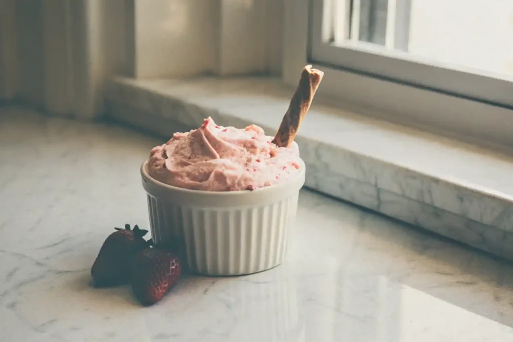 Pink fruit dip with strawberries and marshmallow fluff on a serving platter