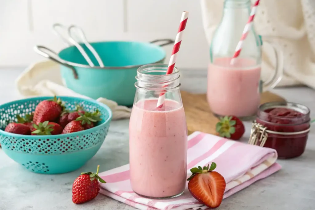 Glass of Charlie and Lola pink milk with a strawberry garnish