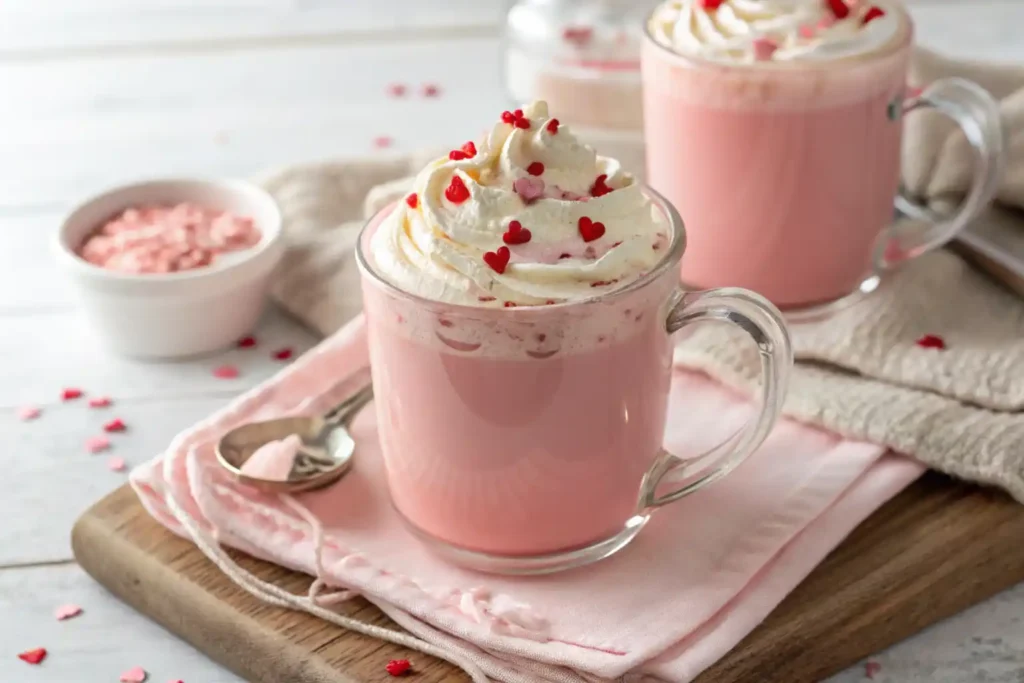 A warm cup of pink hot chocolate topped with whipped cream and marshmallows, with a soft pink hue.