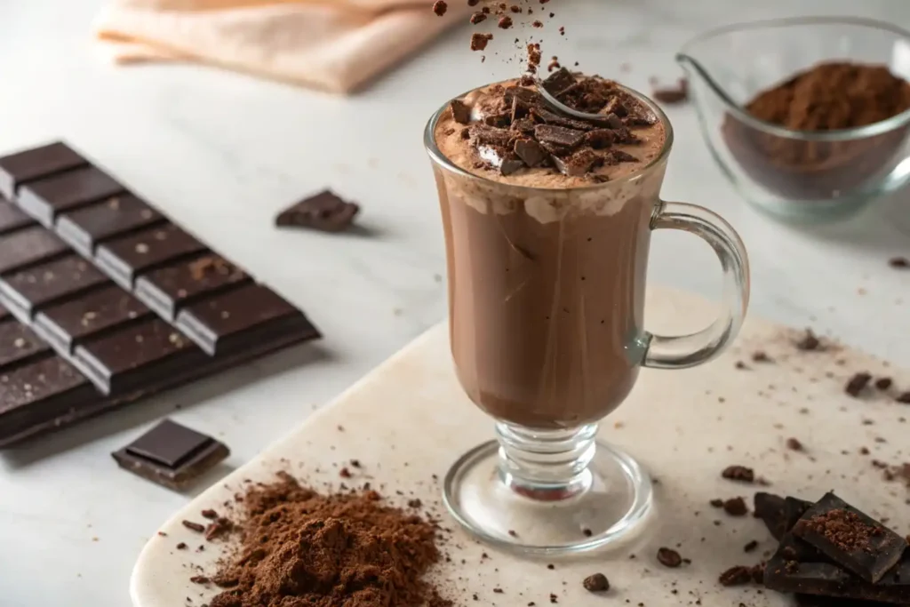 Glass of chocolate milk with cocoa powder and chocolate pieces.