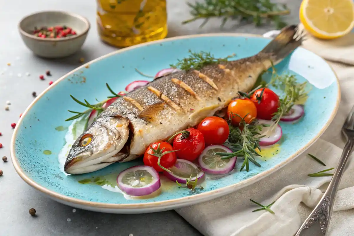 Grilled branzino served with lemon slices and herbs