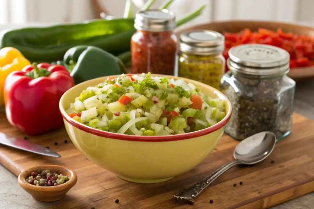 Jar of homemade chow chow relish with fresh vegetables on a wooden table