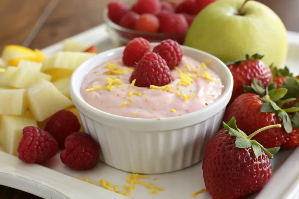 Raspberry lemon fruit dip served with fresh fruit on a white plate