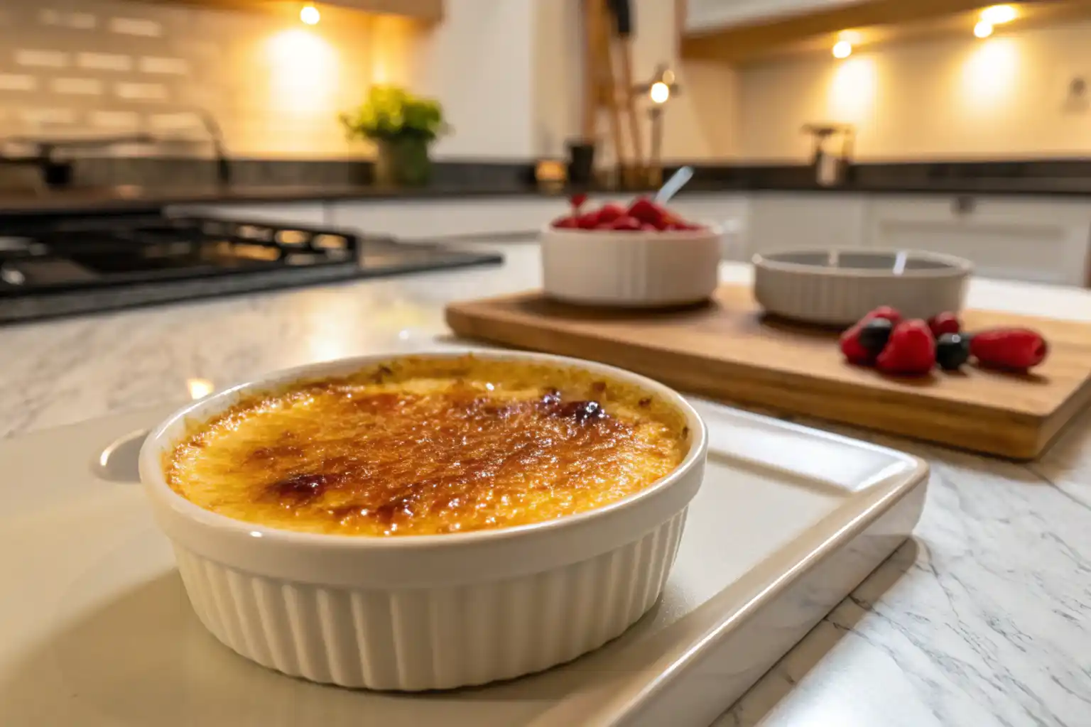 Savory crab brulee in a ramekin with caramelized sugar crust