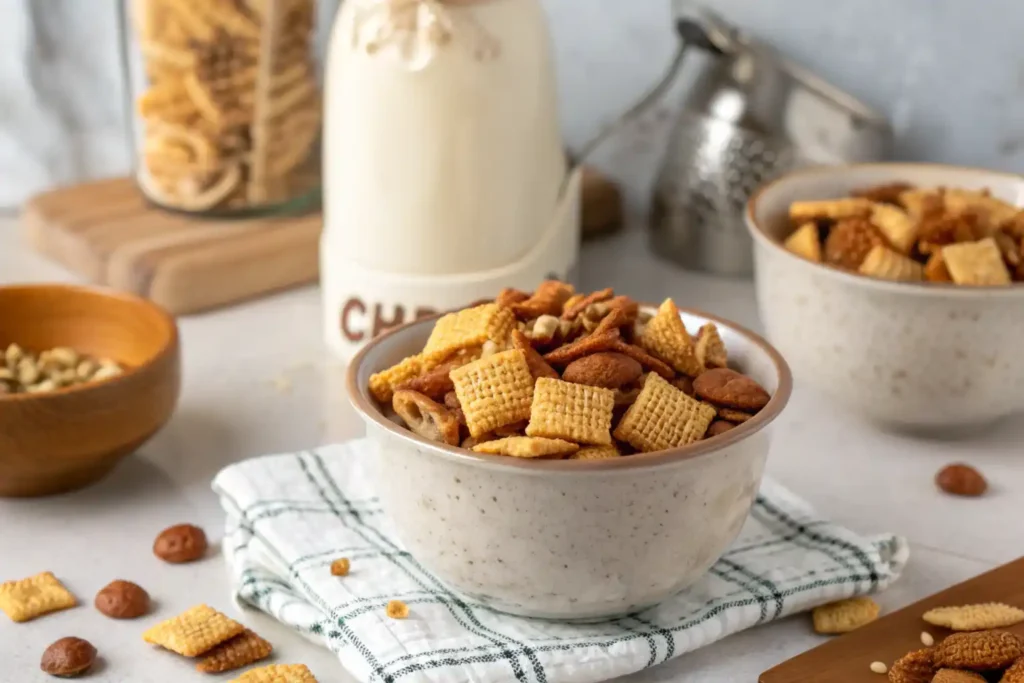 Chex Mix baked in the oven on a baking sheet